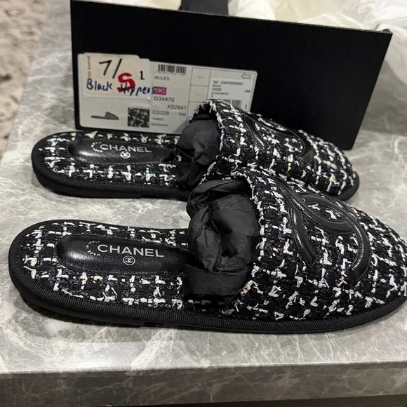 Chanel Black and White Tweed slippers